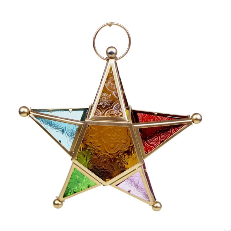 62KD Wind Resistant Tealight Lanterns Holder Colored Glass Panel and Iron Frame Moroccans Lamp Stand for Patios Garden Decors