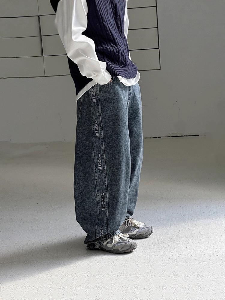 2025 Jesień Stylowe Dżinsy Amerykańskie z Haftem Literowym i Dużymi Kieszeniami