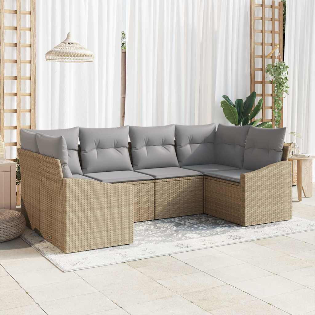 6 Piece Sofa Set with Cushions Beige Poly Rattan
