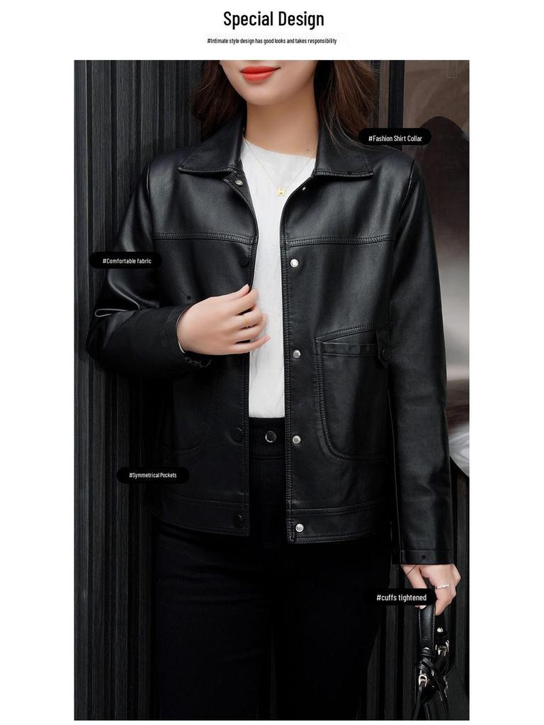 Women's High-End Leather Motorcycle Jacket - Slimming Short Style, Spring/Autumn 2025 Fashion
