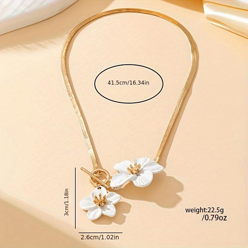 Women's Golden-Tone Double White Floral Pendant Necklace - Elegant Minimalist Chain Jewelry for Daily Wear & Parties, Versatile Year-Round Accessory,