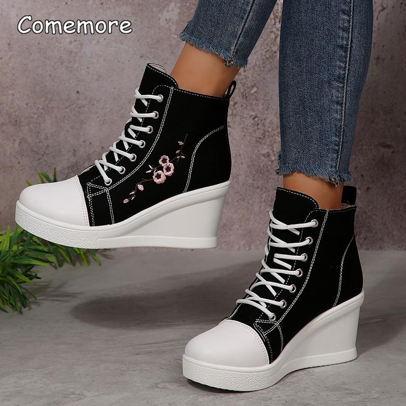Floral Embroidered Wedge Woven Shoes for Women Autumn Lace Up High Top Casual Shoes Woman Size36-42 Fashion Platform Pumps