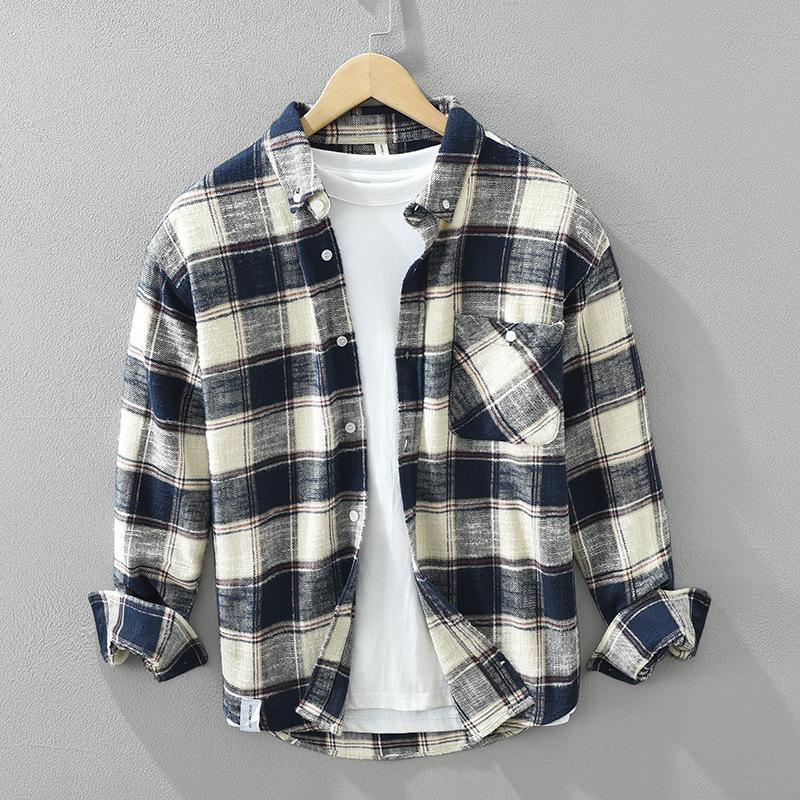 Japanese Style Classical Long Sleeve Plaid Shirt Men Spring/Autumn 100 Cotton Casual Tops Turn Down Collar Pocket Button Shirt Comfort Men Clothing