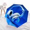 Blue & White Headphone Print Folding Umbrella, Music Themed Compact Sun/Rain Umbrella for Teens