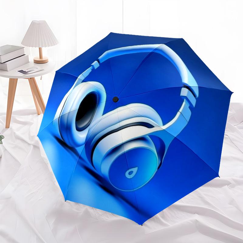 Blue & White Headphone Print Folding Umbrella, Music Themed Compact Sun/Rain Umbrella for Teens