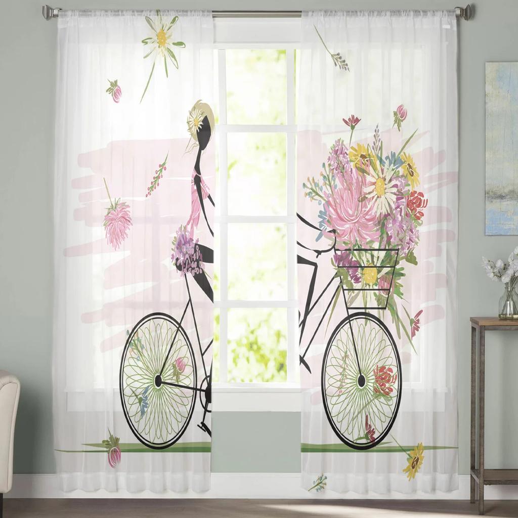 Fahrrad-Mädchen-Blumen-Cartoon-Vorhang für Schlafzimmer, Tüll-Voile-Vorhang für Küche, Wohnzimmer, Dekor, Fensterbehandlung