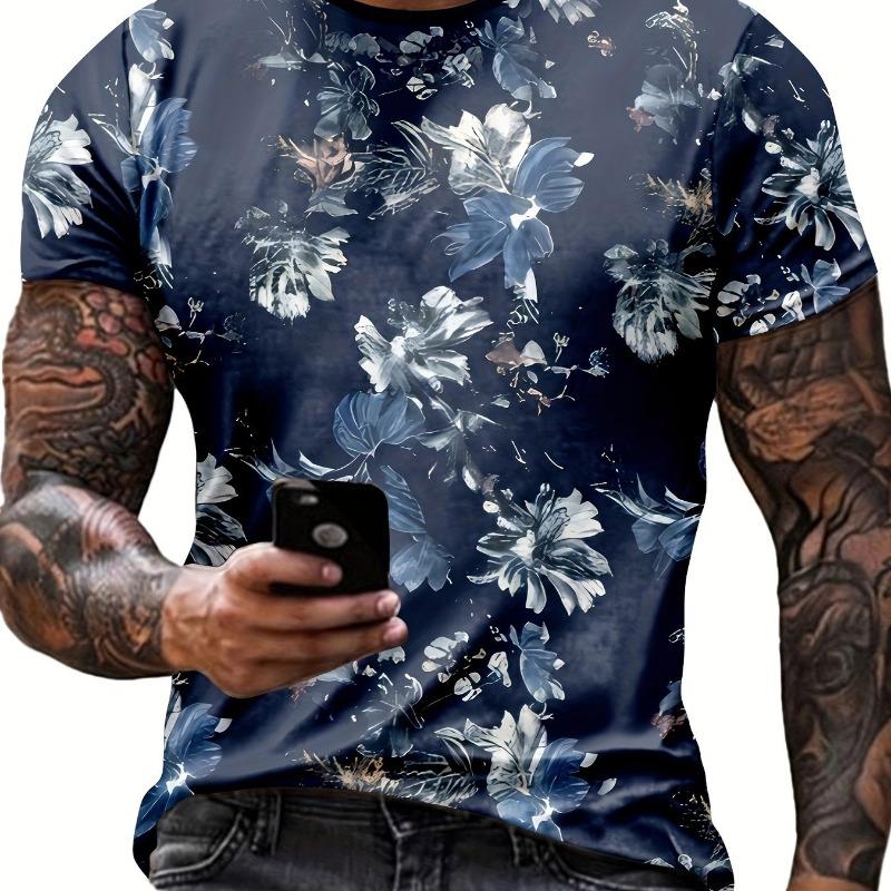 3D printing new men's fashion casual simple short-sleeved T-shirt comfortable breathable cherry blossom print short sleeve