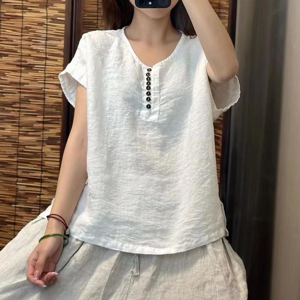 New Hot Season Style Literary Vintage High-end Solid Color Cotton and Linen Top for Women Loose Round Neck Casual Simple Short-sleeved Pullover