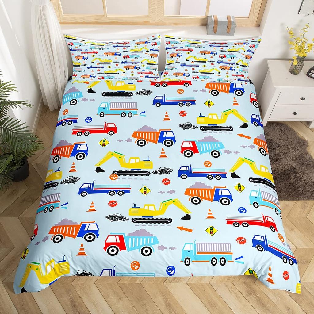 Kids Construction Trucks Duvet Cover King Size Boys Cartoon Car Excavator Tractor Bedding Set Highway Comforter