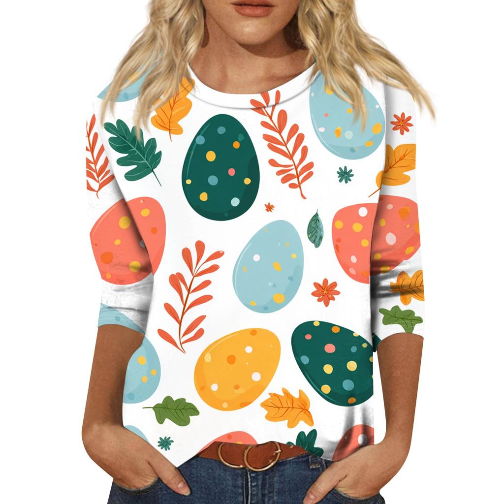 Top da donna casual con stampa di elementi pasquali, girocollo