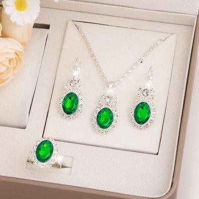 European Oval Silver Crystal Necklace, Earring & Ring Set for Brides