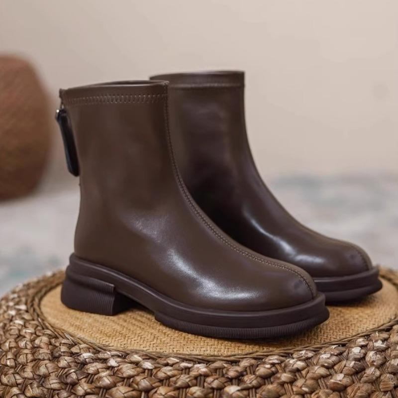 

2025 New Women s Boots Hot Sale Fashion Style Zipper Elastic Boots Vintage Autumn Round Toe Short Barrel Chunky Heels Boots 40