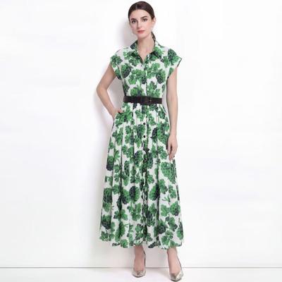 Sommer-Blumenhemdkleid für Damen Elegantes kurzes Ärmel-Maxi-Sonnenkleid mit Umlegekragen Knöpfen Vintage-Gürtel Mode-Robe