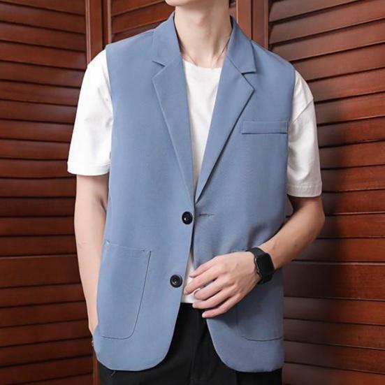 Men Suit Vest Lapel Sleeveless Two-Button Business Waistcoat Pockets with Side Placket Solid Color Casual Vest Coat