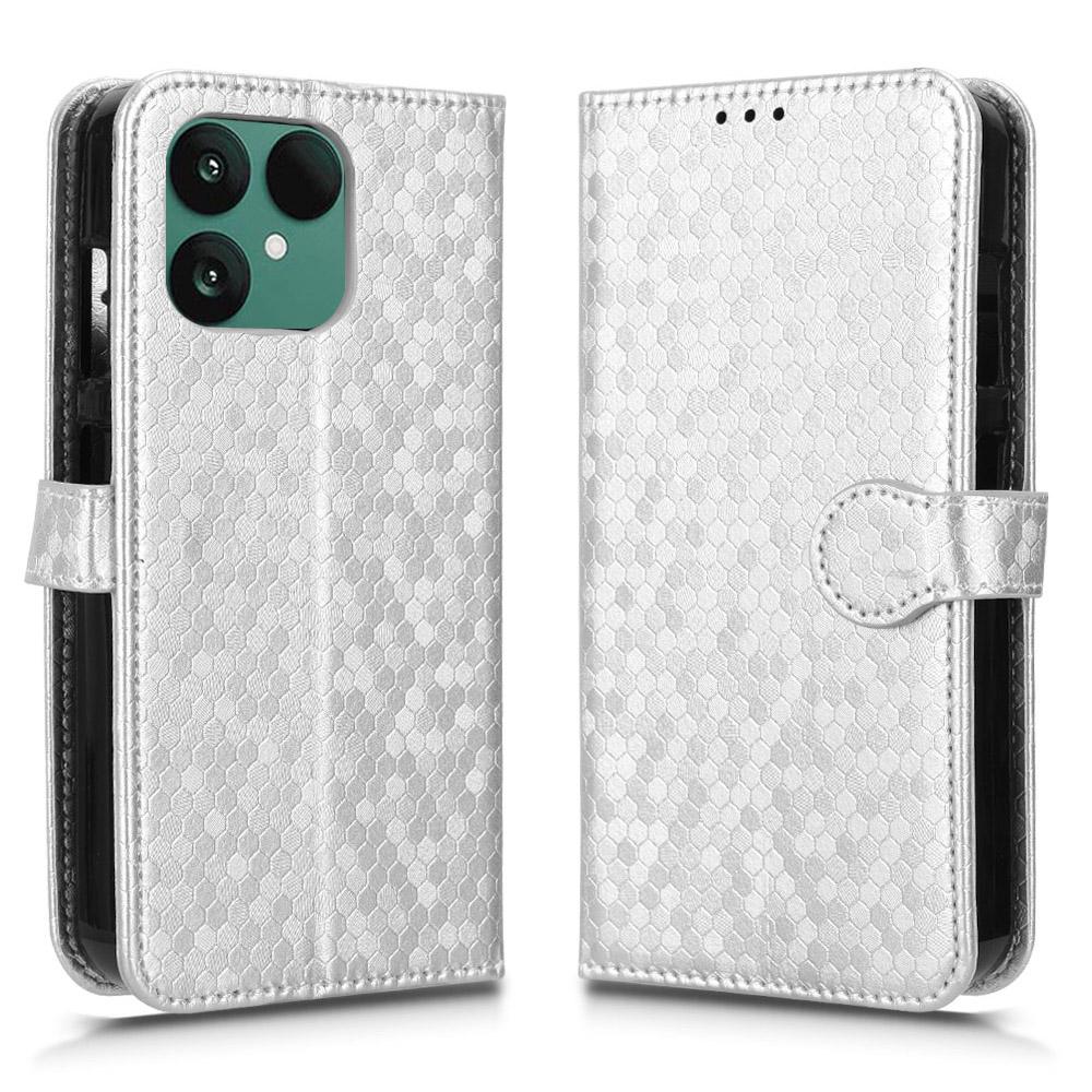 

For Fairphone 6 Wallet Case Dot Pattern Imprint PU Leather Phone Cover with Wrist Strap Silver