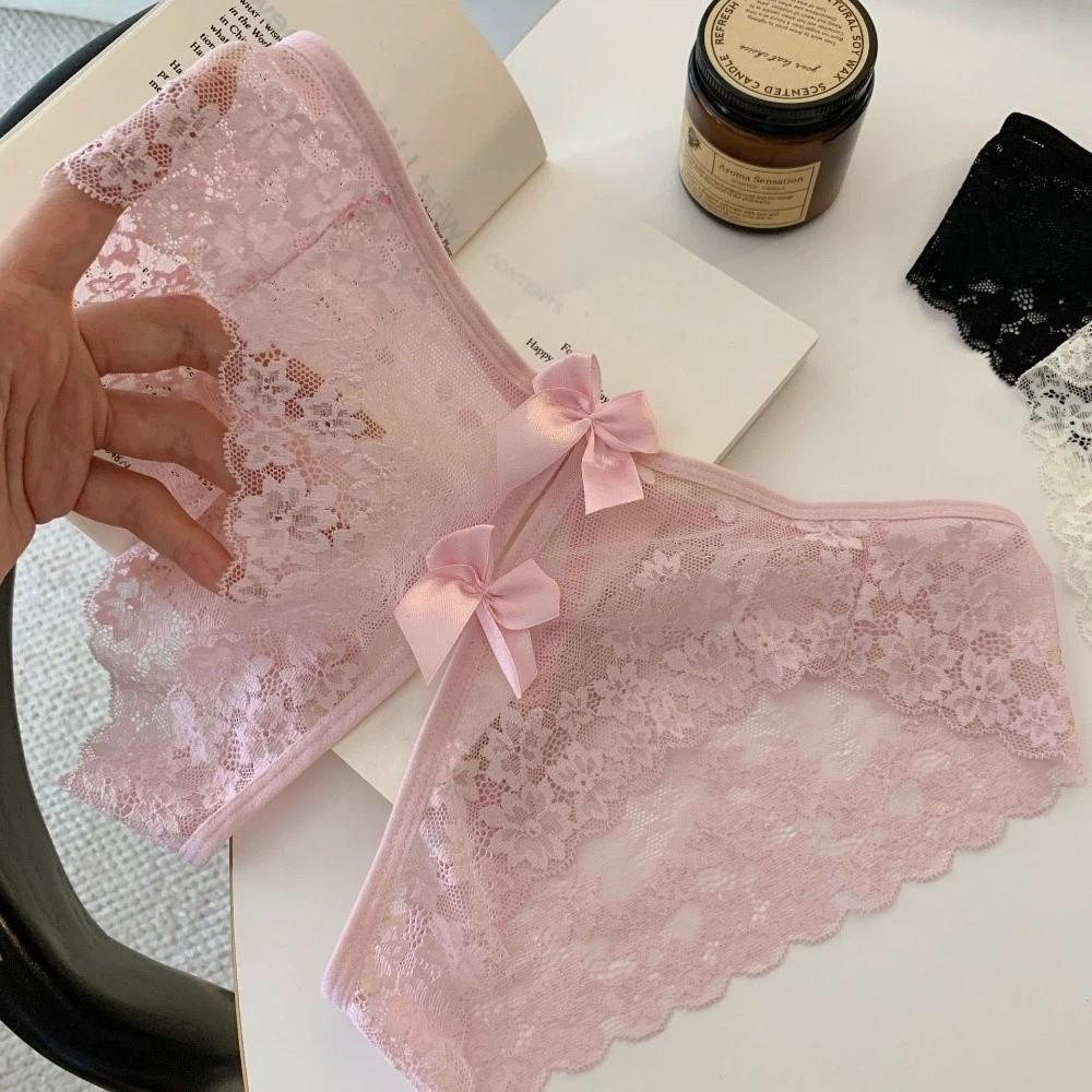 Hollow Bow Mesh Lace Panties Floral Lace Underpants See-through Thong Underwear for Women  Hotel