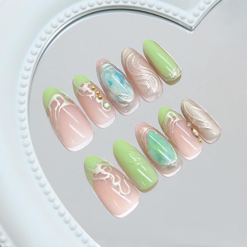 Stereo Qingti Green French Irregular Gilt Flash Diamond Sweet European and American Style Removable Nail Art Tablets 30 pieces