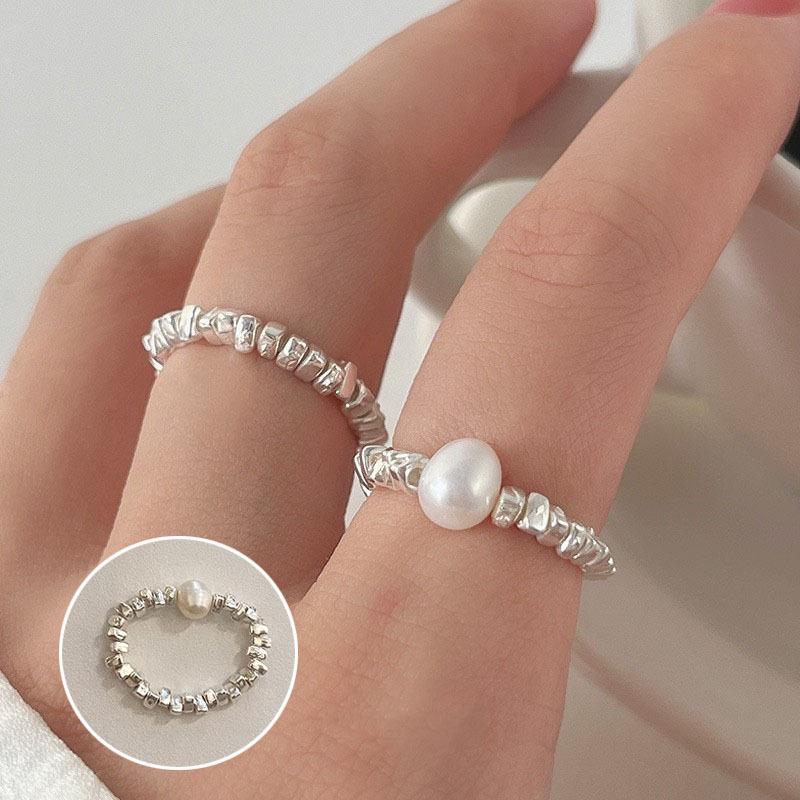 Bague ouverte vintage en argent S925 plaqué perle pour femmes