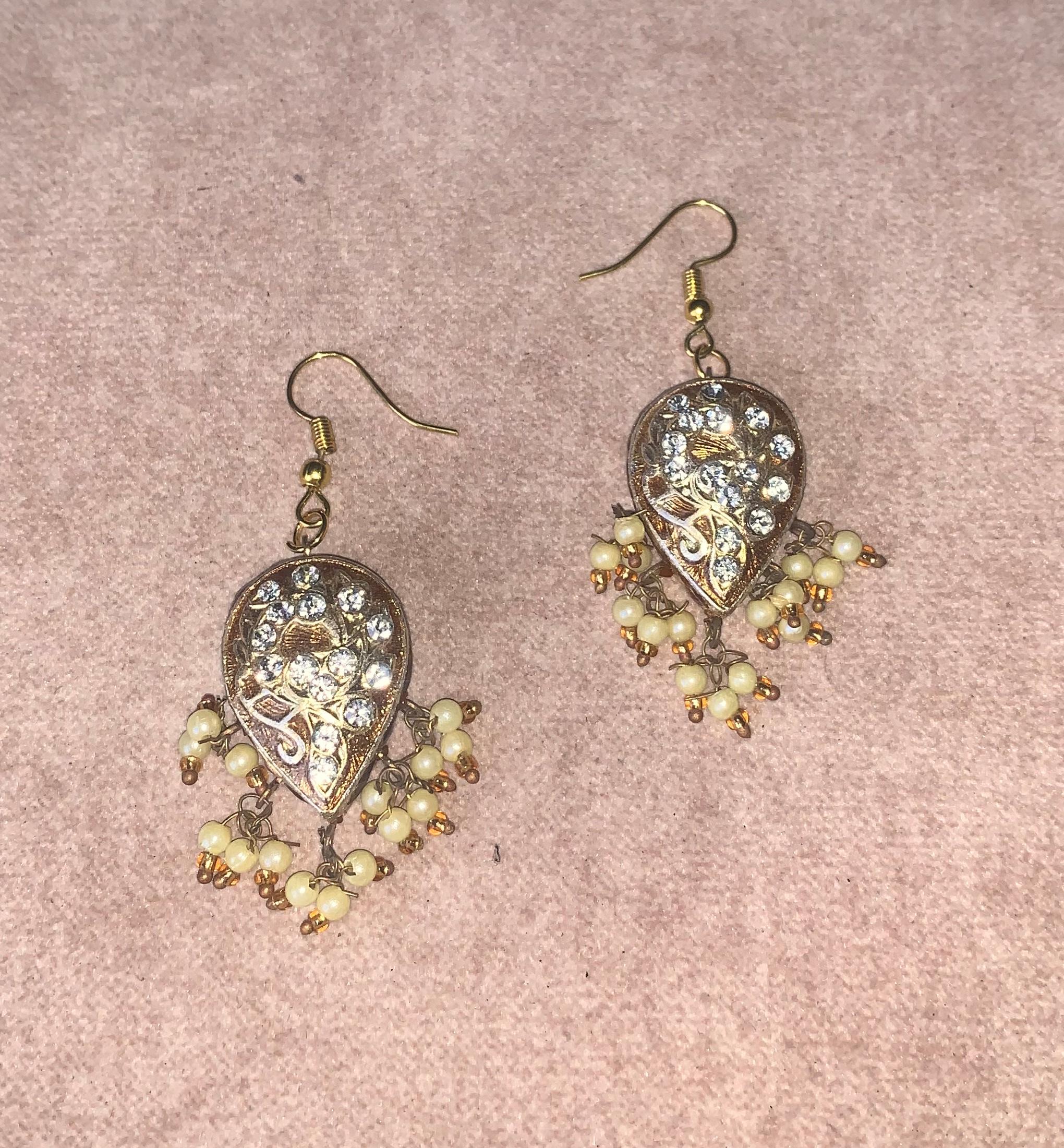 Vintage Gold Tone Kundan Teardrop Earrings with Pearl Dangles – Handmade Ethnic Lacquer Jewelry 2.5” X 0.5 ( h x l ) approx.