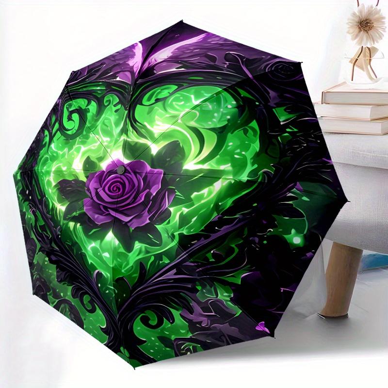 

1pc Automatic Open/Close Umbrella with Green Heart & Rose Floral pattern - Auto-Folding Travel Umbrella, Compact Portable Desi