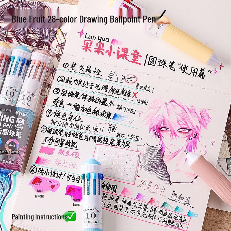 Blue Fruit 60-Color Press-Type Multicolor Ballpoint Pen Set – Ten-Color All-in-One Multifunctional Journal Pen.