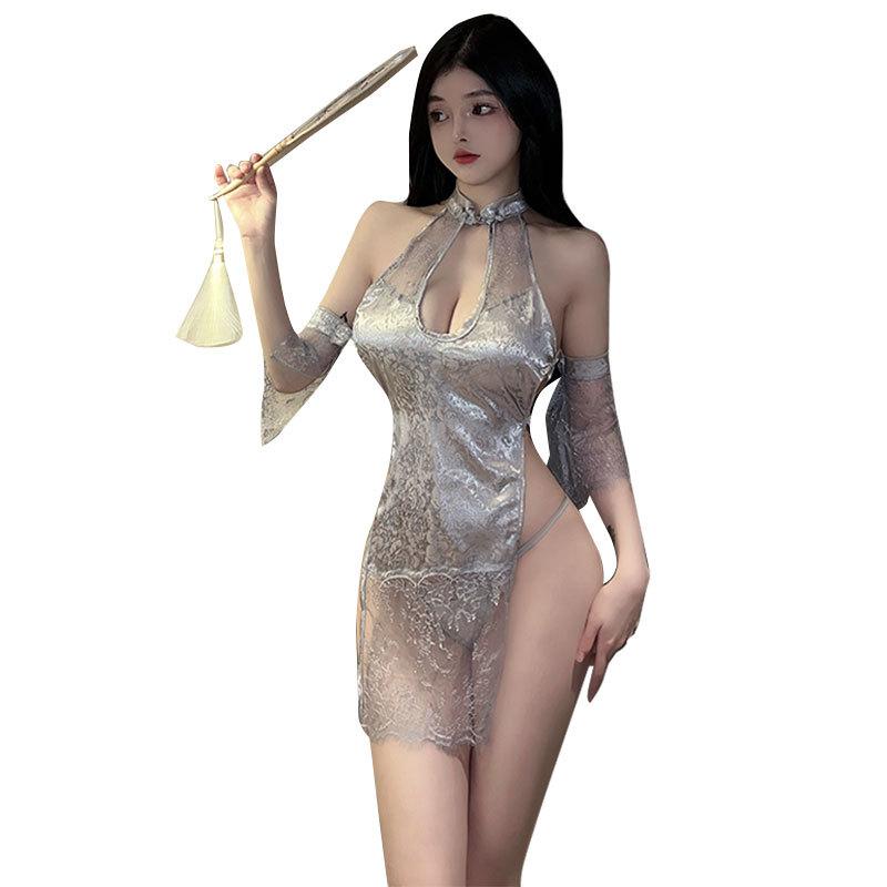 Sexy suit uniform lace erotic underwear neck hanging hollow cheongsam seduction perspective passion suit