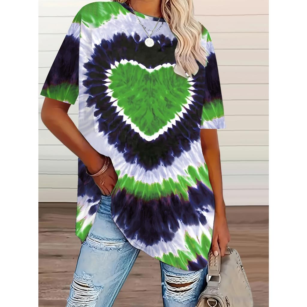 New Plus Size Women's Tie-dye Love Heart Print T-shirt, Casual Short Sleeve Top for Spring Summer