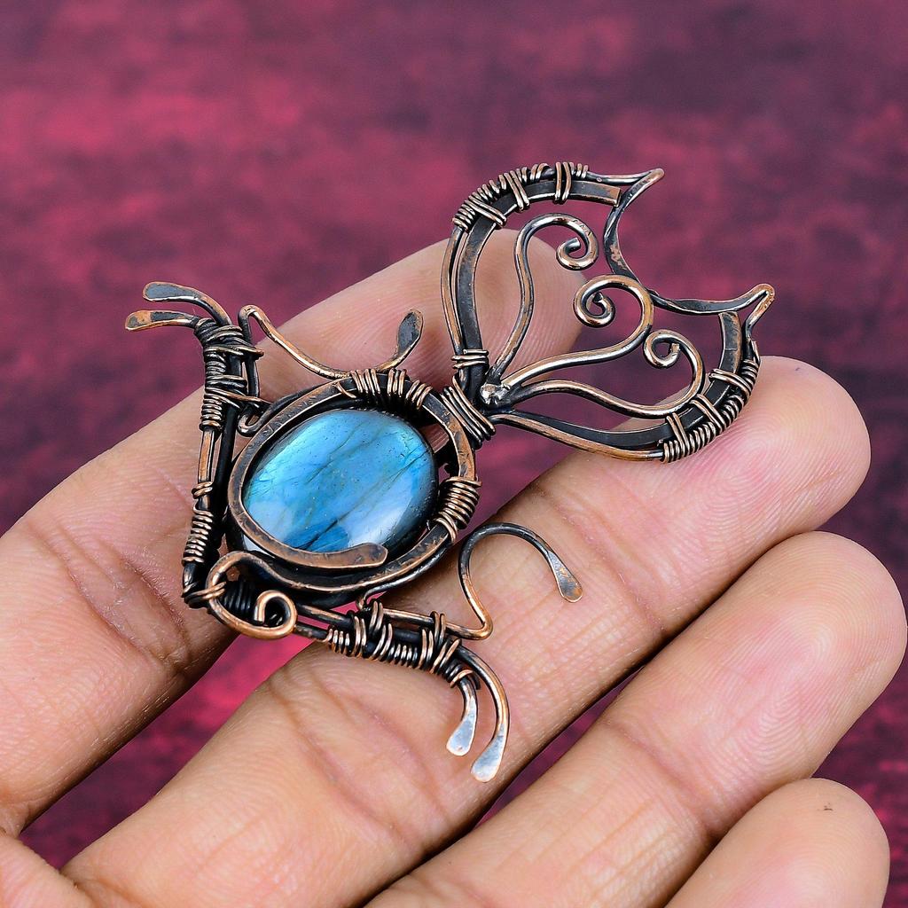 Labradorite Pendant Copper Wire Wrapped Fish Pendant Gemstone Handmade Jewelry