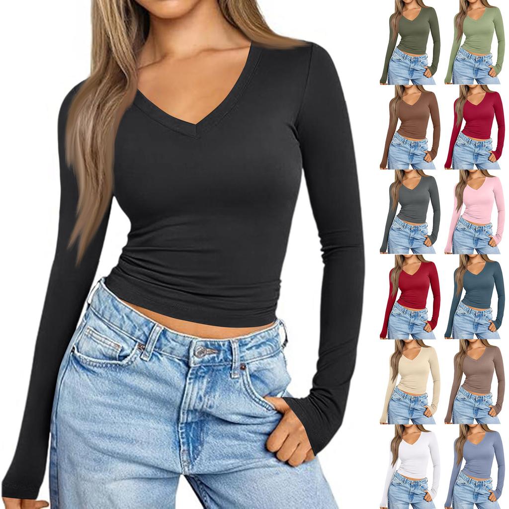 Women's Slim Fit V Neck Long Sleeve T Shirt Stretchy Milk Silk Fabric Soft Texture Basic Layering Top