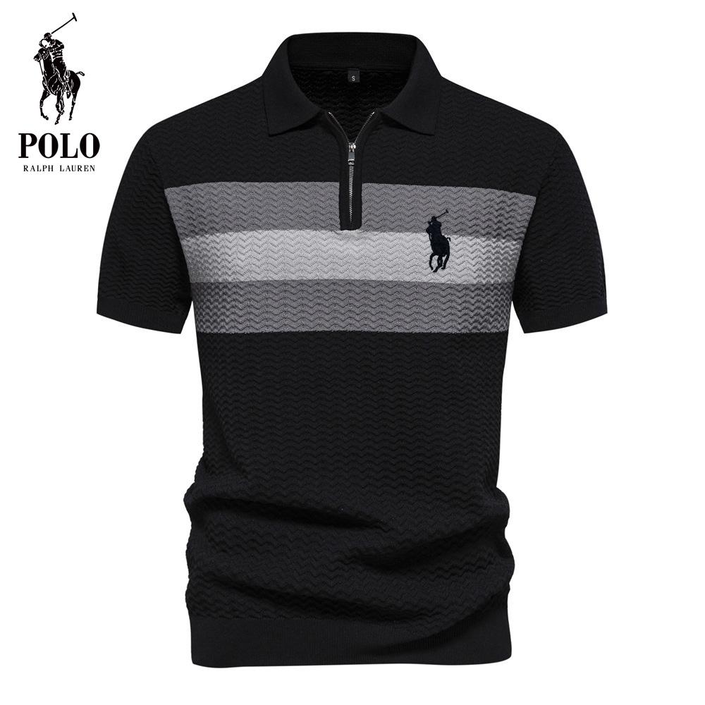 Ralph Lauren 2026 Zomer Nieuw Geborduurd Heren High-end Gestreept Zakelijk Korte Mouwen Dunne en Veelzijdige Kraag Half Rits Korte Mouwen Shirt XXL