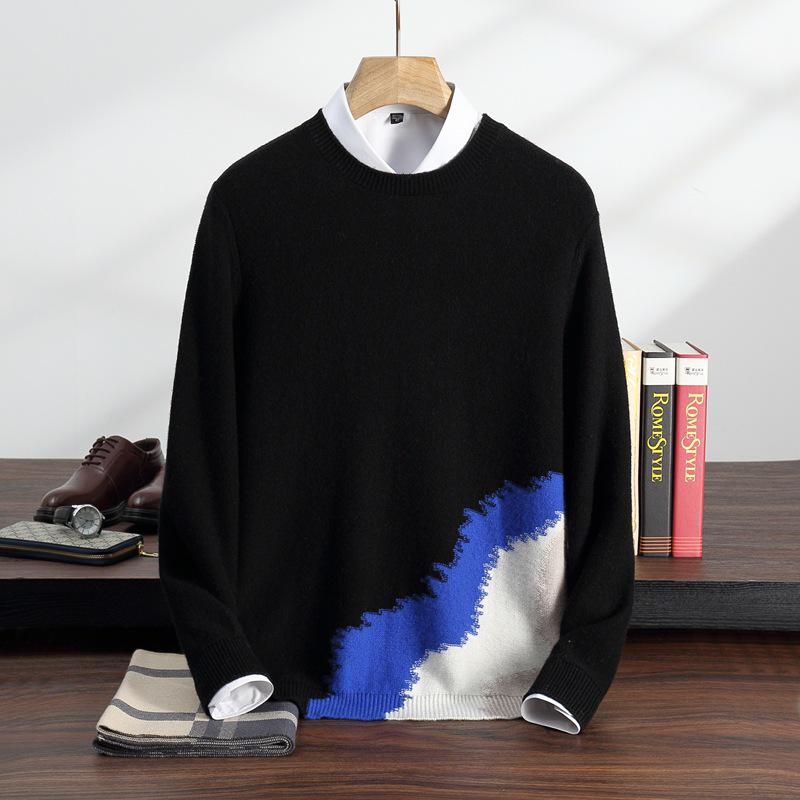 2025 Men's Autumn/Winter Color Block Cashmere Knit Jacquard Sweater - Loose Long Sleeve Base Layer