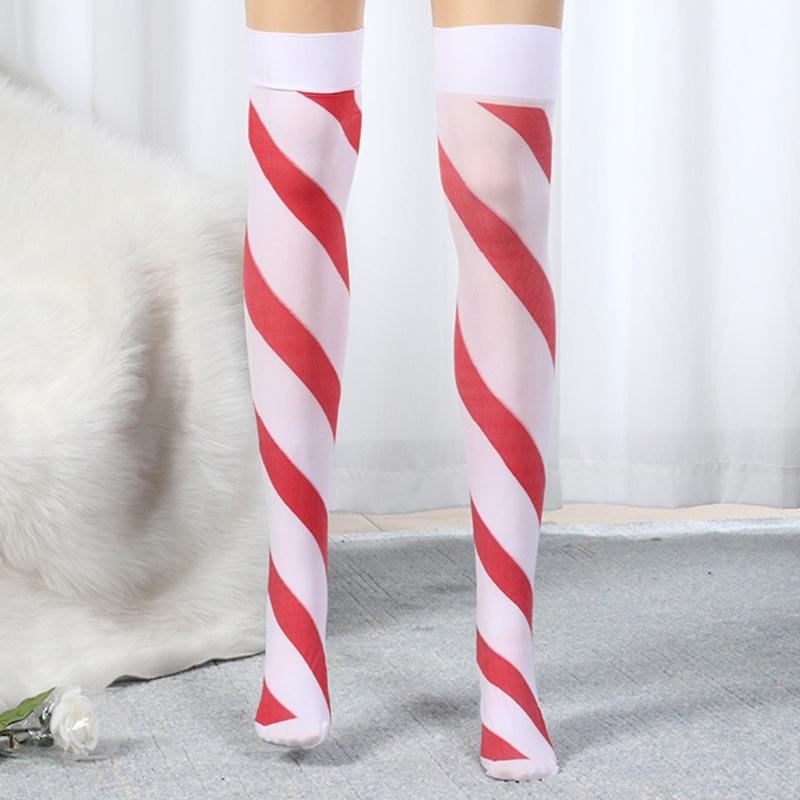 Women Red White Striped Over Knee Long Socks Cute Lovely Bowknot Thigh High Stockings for Christmas Party Costume