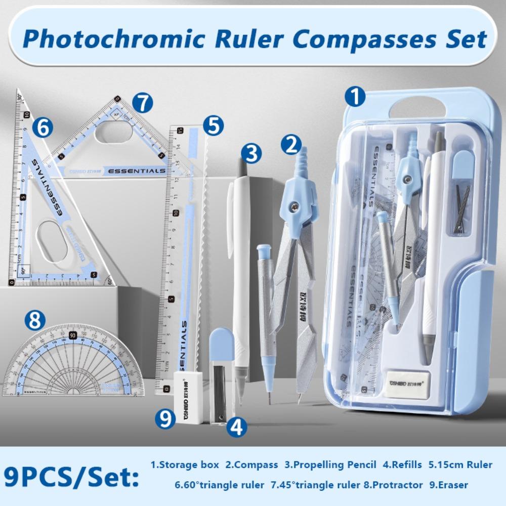 9PCS/Set Propelling Pencil Stationery Ruler Set Plastic Protractor Drawing Tool  Students