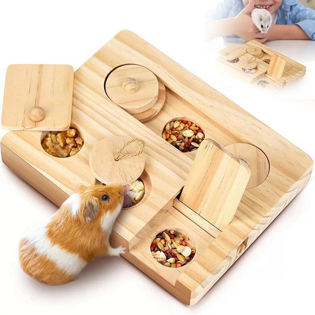 Wooden Hamster Feeder Foraging Station Snack Dispenser Interactive Pet Toy Natural Wood Animal Enrichment Activity Chew Toy