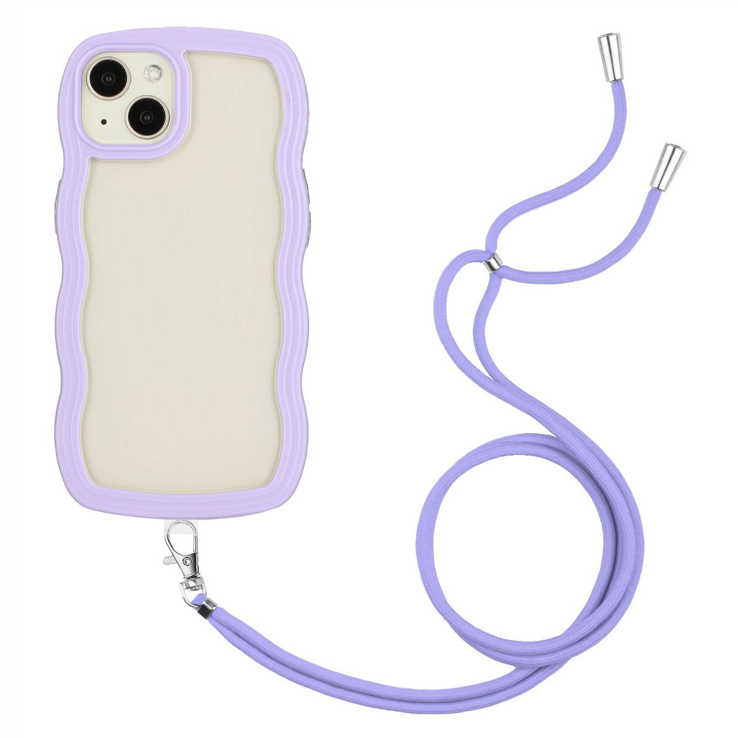 

For iPhone 15 Wave Frame Shape Phone Case PC+TPU Transparent Cover with Adjustable Lanyard Purple