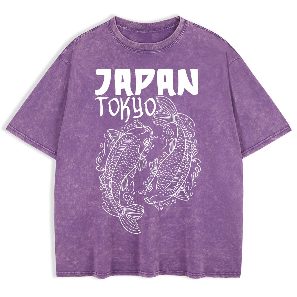 Japanese Koi Harajuku Printed Washed T-Shirts Mens Cotton Oversize T Shirt Summer O-Neck Short Sleeve Tops Clothes