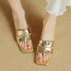 Fashion Women's New Spring/Summer European and American Square Head Leather Heavy Metal Mid Heel Large Open Toe Slippers