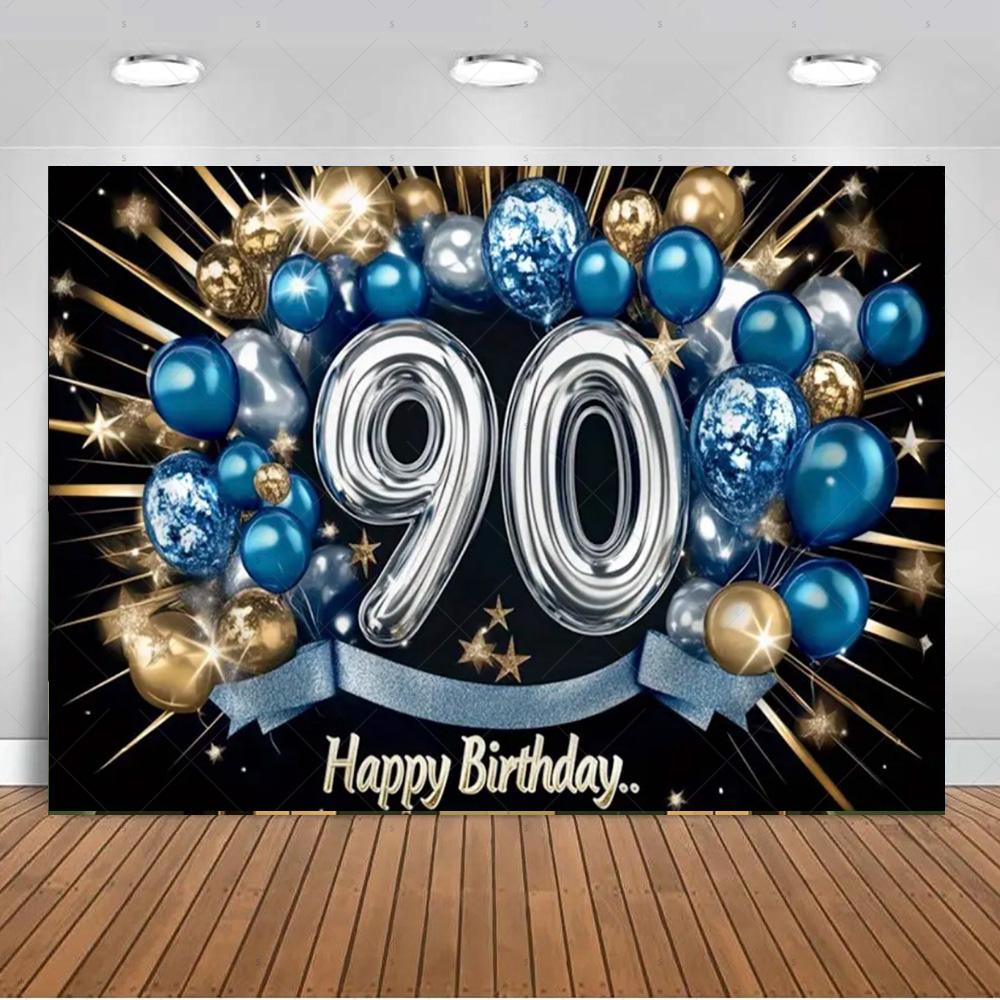 

Happy 90th Birthday Background Banner 90th Birthday Party Decorations Glitter Backdrop Supplies Gold Balloons Photography Props 120X90CM