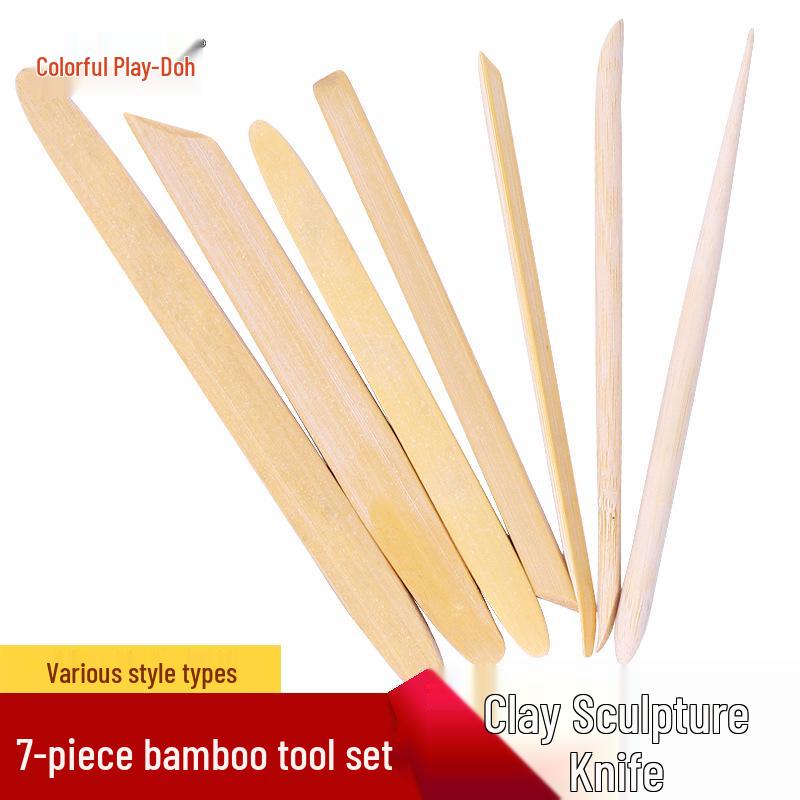 Bamboo Clay Sculpture Set: 7-Piece Round Head Scraper Tools for Buddha Statue Carving and Pottery Craft Trimming.