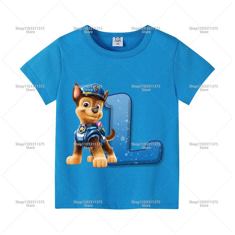 Cute PAW Patrol Blue T-shirt Boys Clothes Letter A-Z Printed Short Sleeve Cartoon Fashion Kids Birthday Toddler Cotton Tops Gift