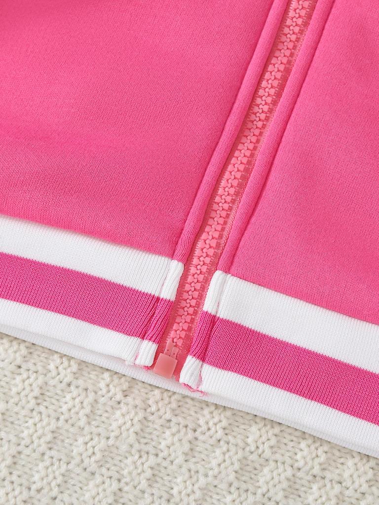 Single-piece girl's versatile and cute style fleece-lined stand collar long-sleeved zipper thick pink jacket top for spring, autumn and winter.