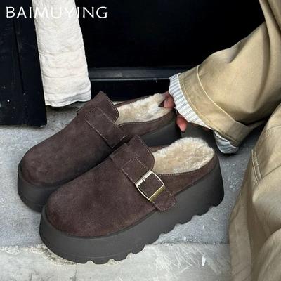Wildleder Plateau Damen Hausschuhe Kurzer Plüsch Designer Ballerinas Baumwolle Pantoletten Schuhe 2025 Trend Warm Schnee Stiefel Gemütliche Winter Zapatos Mujer