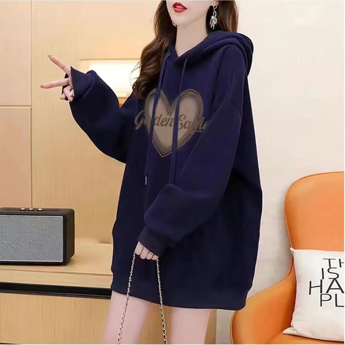 

Женский осенне-зимний модный тренд Свободное худи с принтом XXL темно-синий