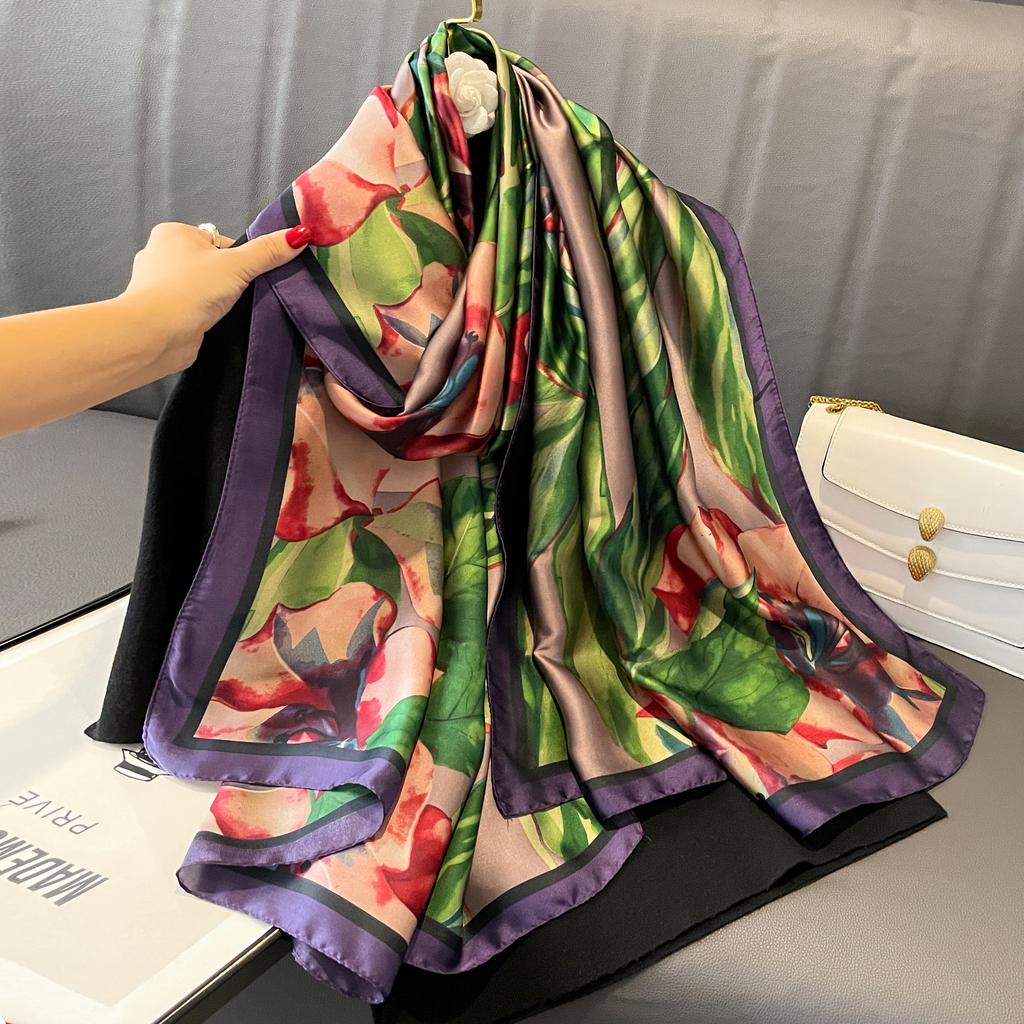 New Simulated Silk Printed Scarf for Women's Autumn and Winter Warmth Scarf Fashionable and Fashionable Foreign Style Shawl