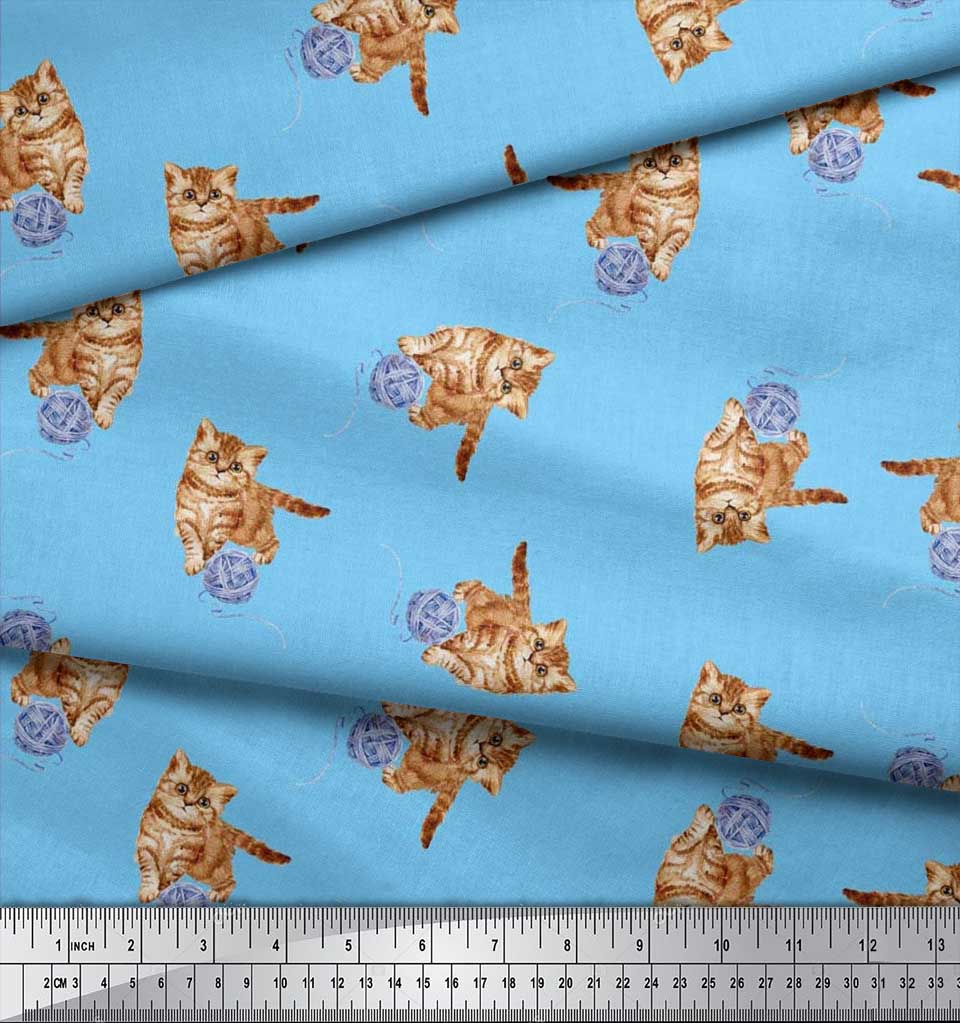 Soimoi Japan Crepe Satin Fabric Wool & Cat Animal Print Fabric by the Metre 42 Inch