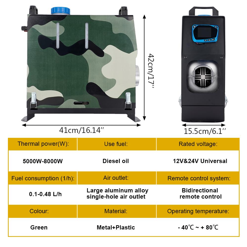 12&24V 5-8KW Universal Vertical Integrated Parking Heater Aluminum Alloy Single Hole Air Outlet Bidirectional LCD Remote Control