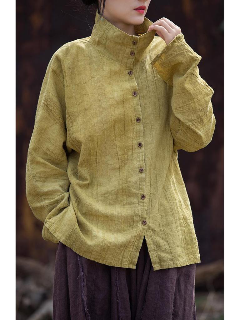 Women's Winter Tie-Dye Ramie Cotton Cardigan - Loose, Semi-High Collar Shirt in National Style.