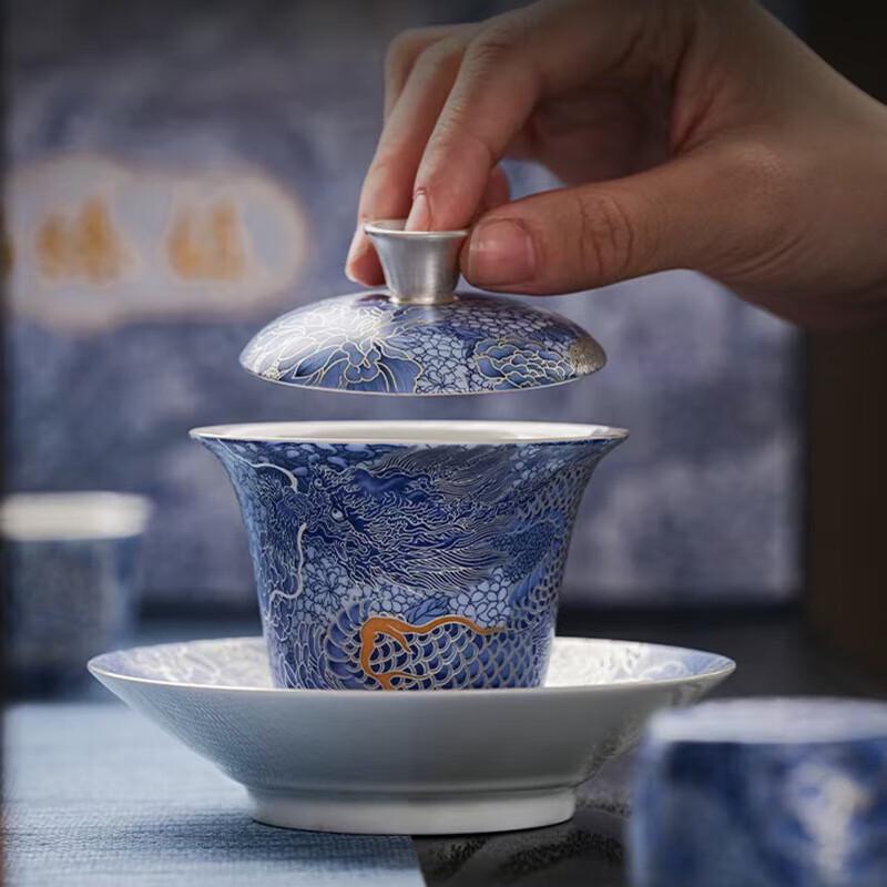 Ceramic Kung Fu Tea Set with Azure Dragon Gaiwan