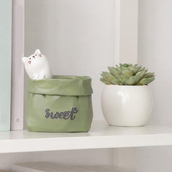 Xiaobudian Wrinkled Paper Bag Pen Holder with Animal Decor, Resin Desk Organizer & Succulents Planter, Cute Stationery Gift for Students Office