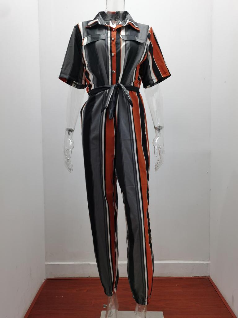 2025 Women's Casual Printed Jumpsuit with Lapel and Waist Belt